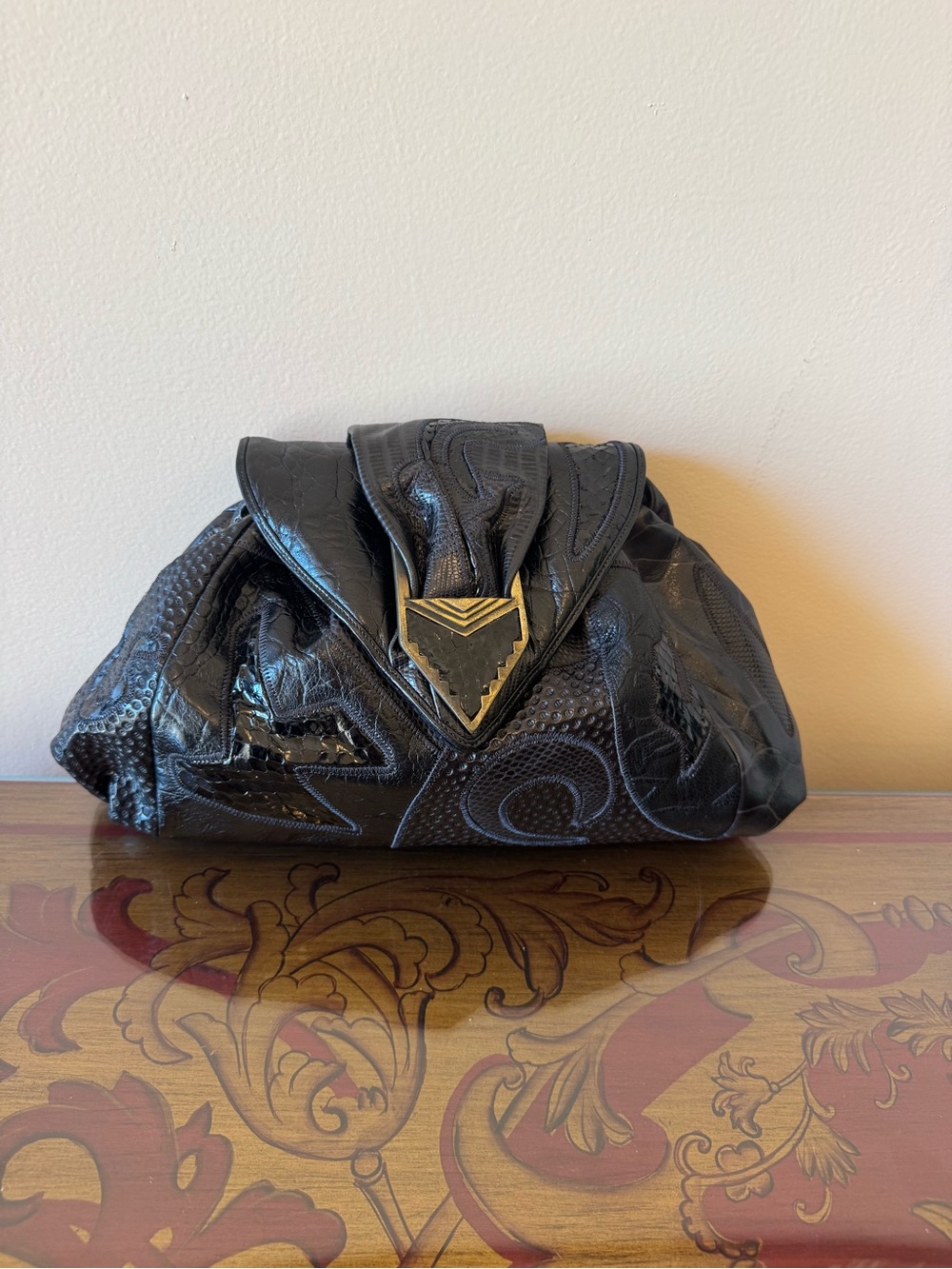DRAMATIC PRICE DROP: NWOT, VTG 80s, EARLY SHARIF, BLK TEXTURES of LEATHER/SNAKE